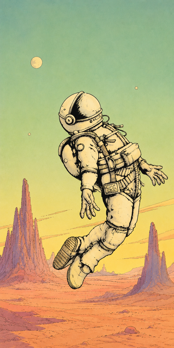 Retro-futurist astronaut adrift over a desert horizon